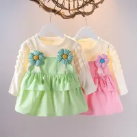 2024 autumn new girl baby round neck dress children flowers cotton skirt 0-4 Years