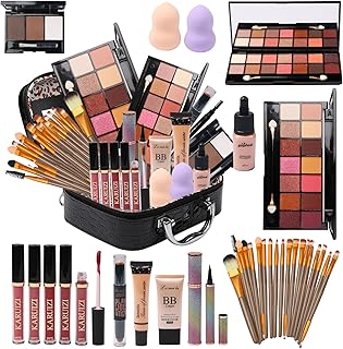 All in One Makeup Kit for Makeup storage bag 2X14 Colors Eyeshadow Palette Liquid Foundation Eyeliner Pencils Contouring Stick Lip Gloss Eyebrow Pencils 20Pcs Makeup Brushes etc For Women Girls Teens (Black)