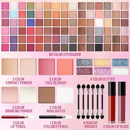 All In One Professional Makeup Kit Include Eyeshadow Palette Blushes Compact Bronzing Highlighter Powder Glitter Lipliner Eyeliner Pencil Brushes with Mirror Make Up Set Christmas Gifts For Women Girl