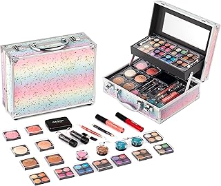 Hot Sugar Makeup Kit for Women Full Kit Teen Girls Starter Cosmetic Gift Set with Beautiful Rainbow Train Case Includes Pigmented Eyeshadow Palette Blush Lipstick Lip Pencil Eye Pencil (Rainbow)