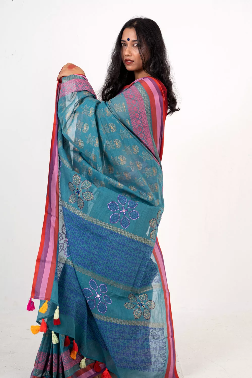 Block Printed Half Silk Saree
