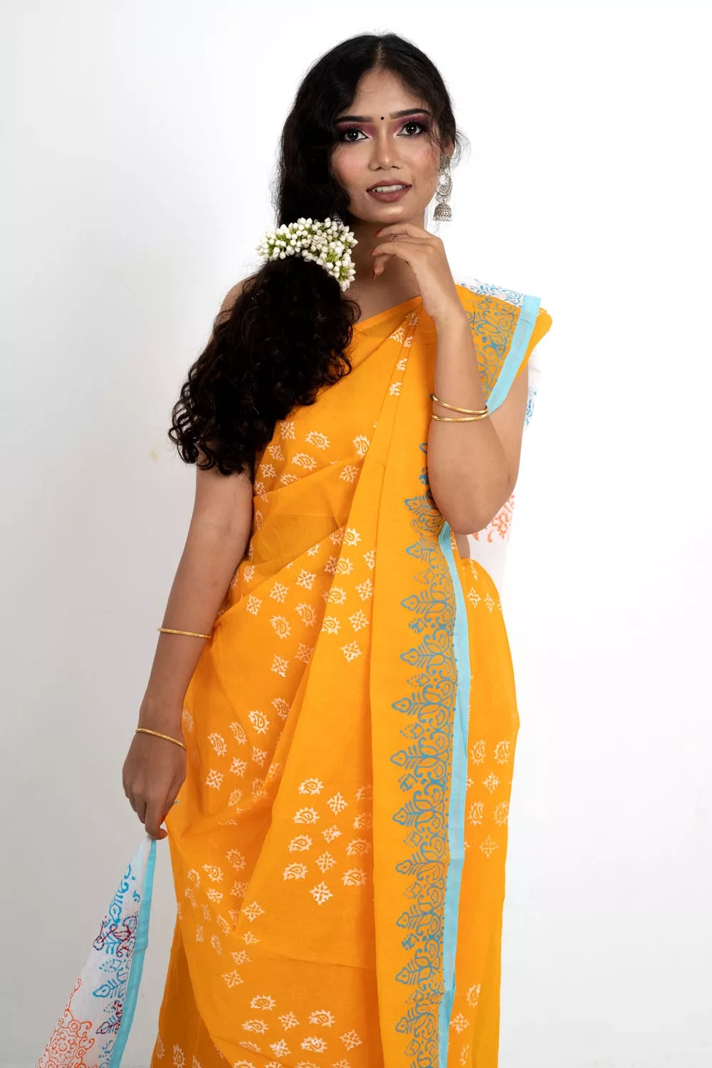 Block Printed Half Silk Saree