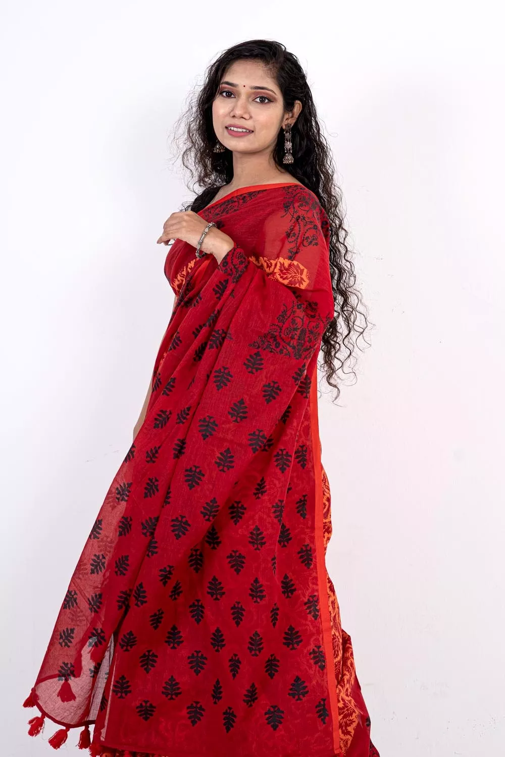 Block Printed Half Silk Red Saree