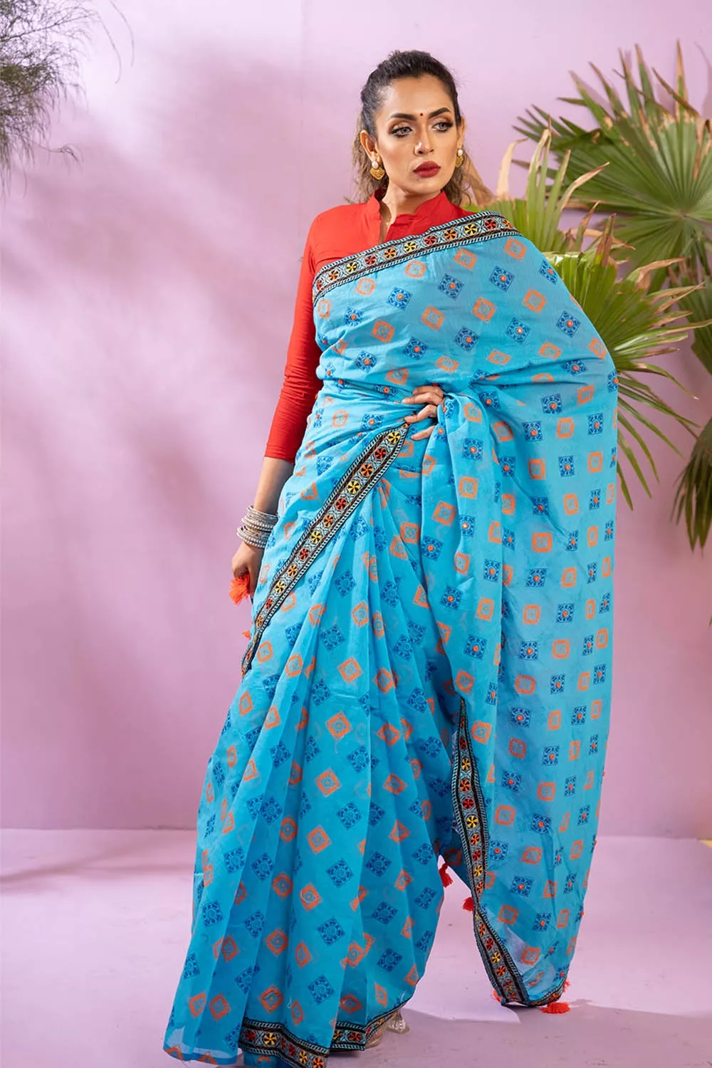 Screen Printed With Embroidered Half Silk Saree