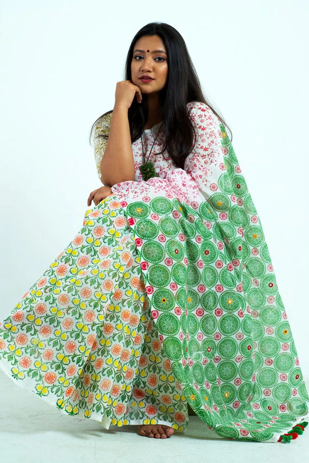 Screen Printed Hand Embroidered Half Silk Saree