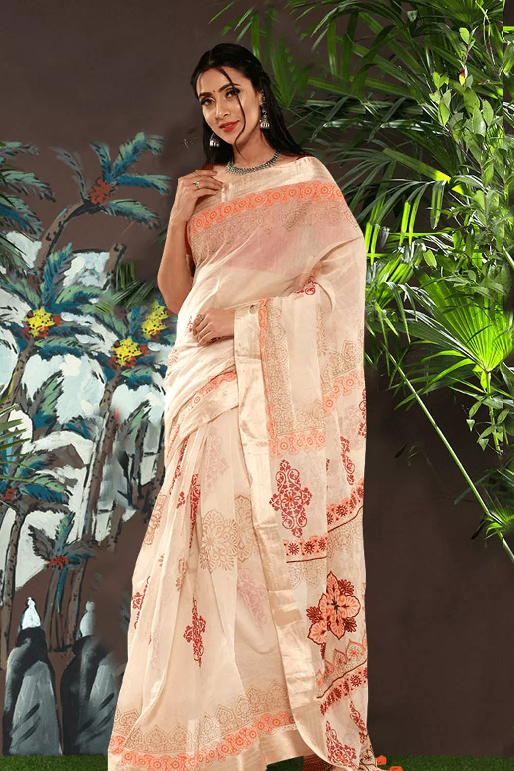 Hand Embroidered Block Printed Half Silk Saree