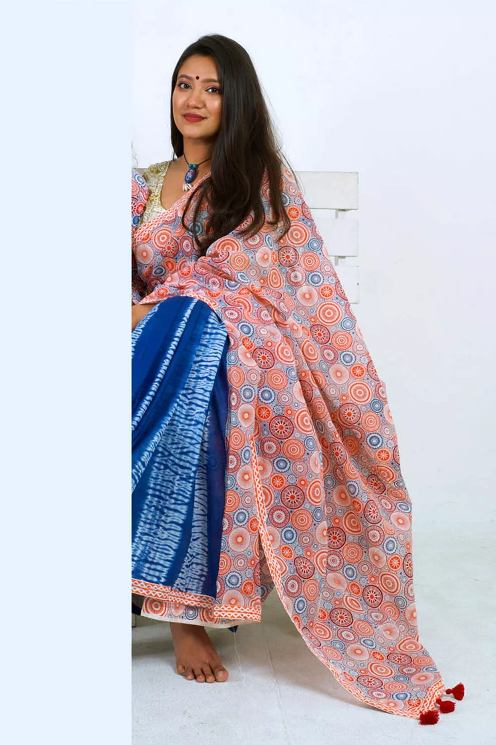 Screen Printed Tie Dye Half Silk Saree