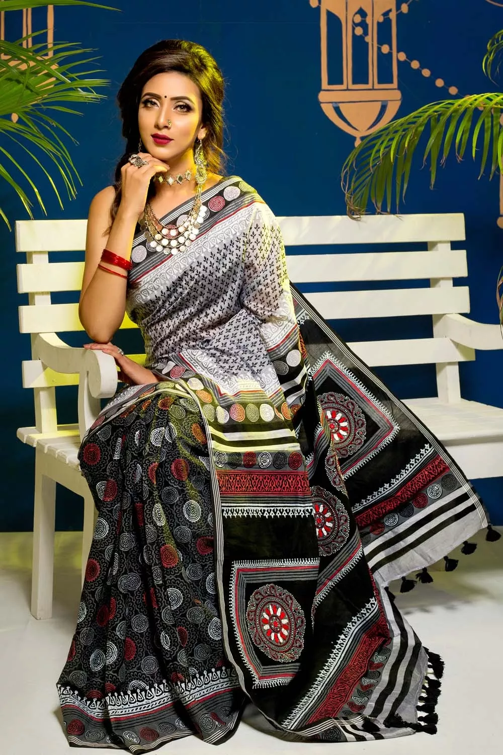 Black & Ash Block Half Silk Saree